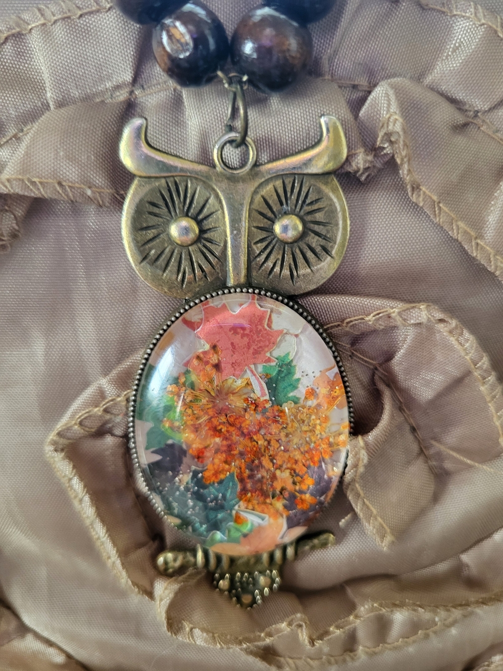Vintage-Inspired Owl Necklace with Autumn Leaf Design, Hand Worked Under Glass